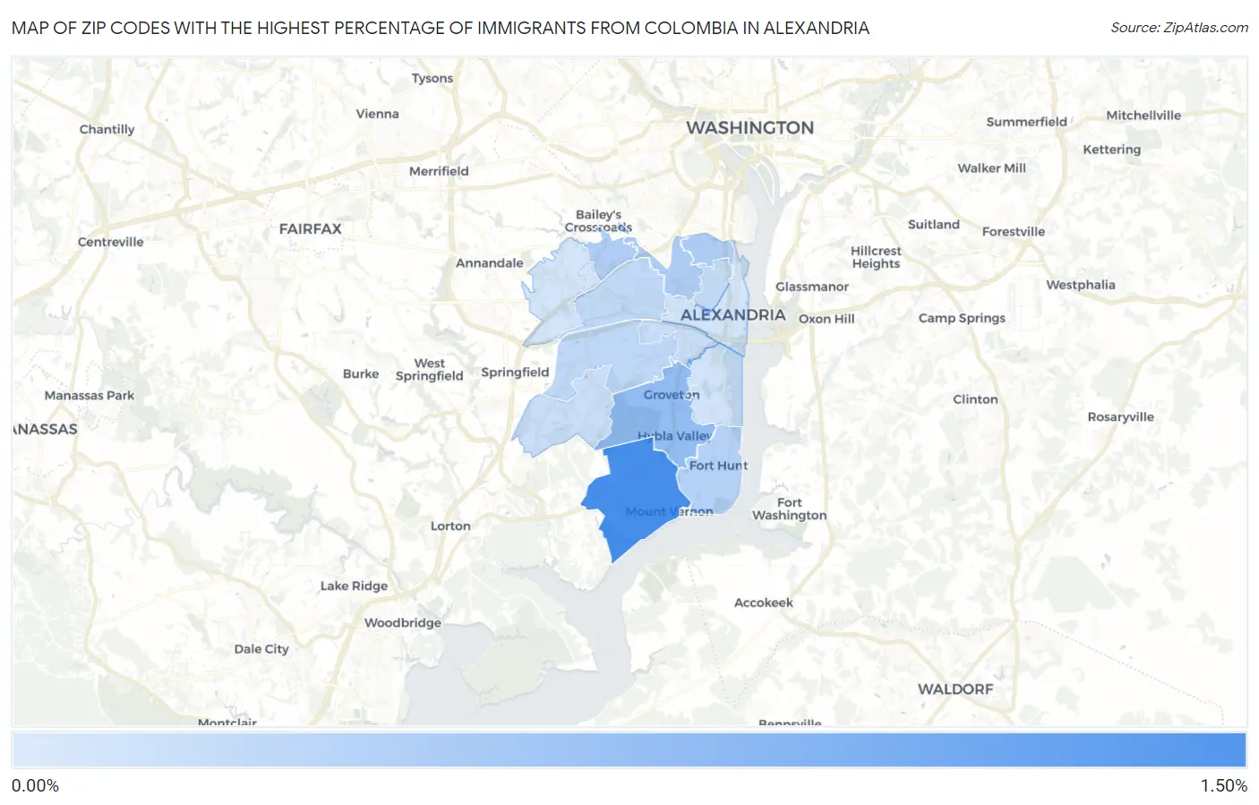 Zip Codes with the Highest Percentage of Immigrants from Colombia in Alexandria Map