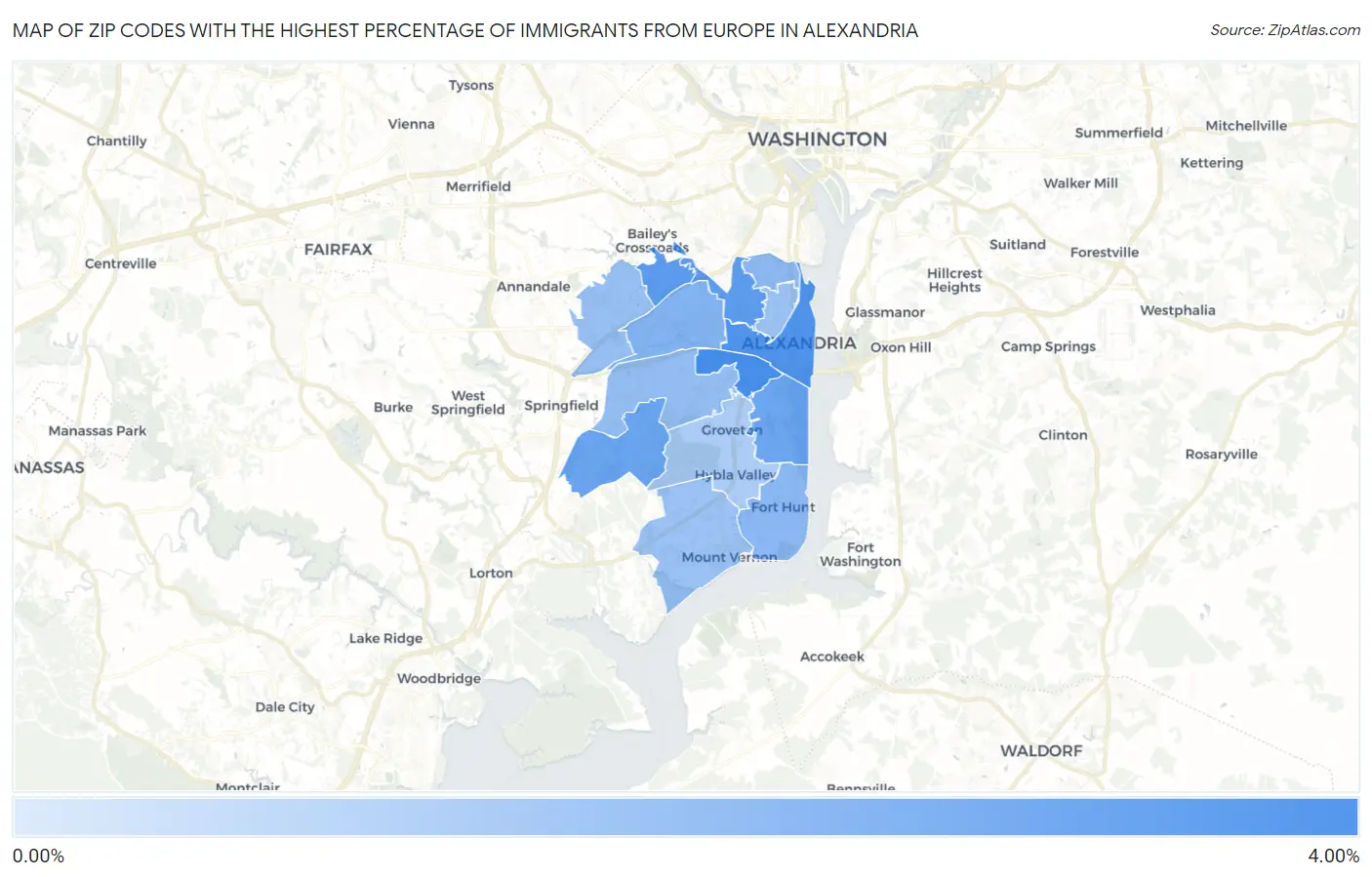 Zip Codes with the Highest Percentage of Immigrants from Europe in Alexandria Map