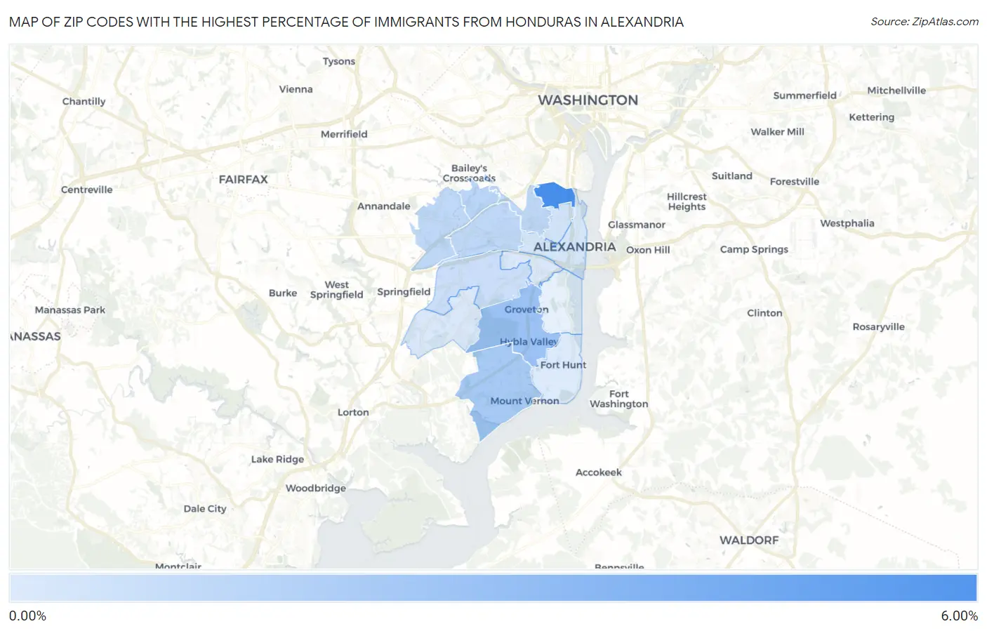 Zip Codes with the Highest Percentage of Immigrants from Honduras in Alexandria Map