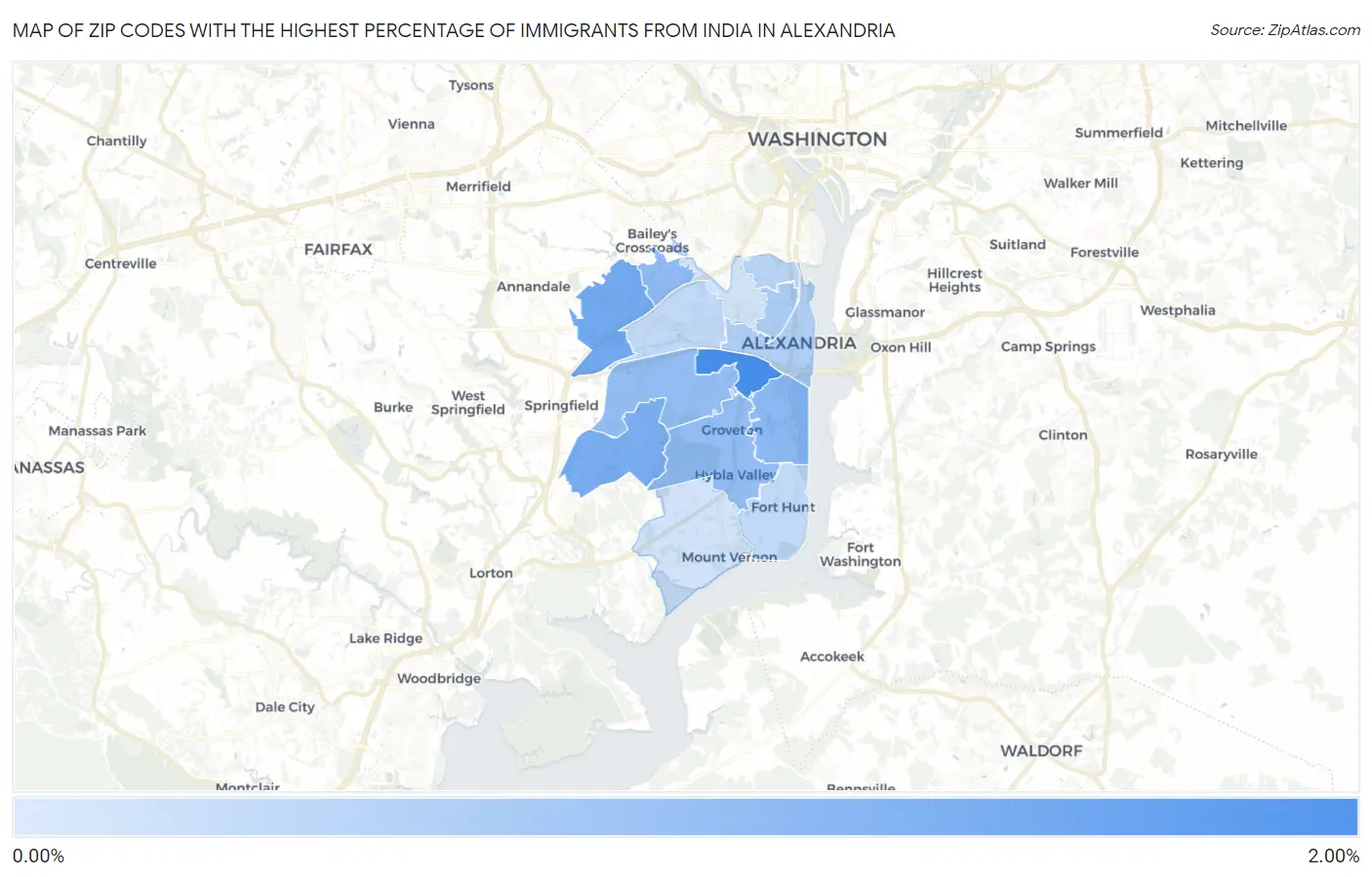 Zip Codes with the Highest Percentage of Immigrants from India in Alexandria Map