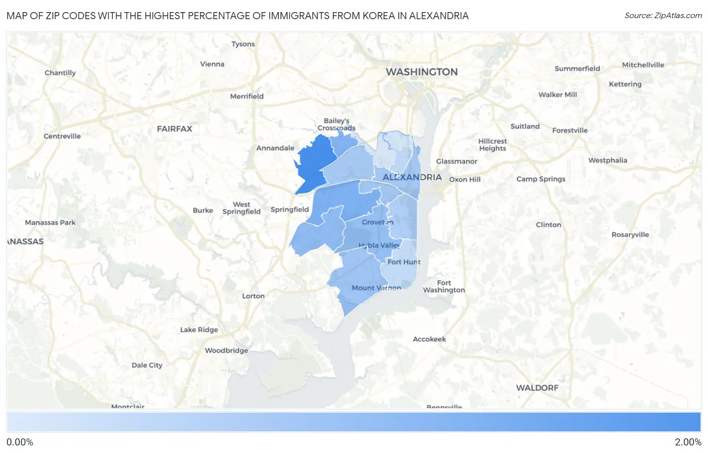 Zip Codes with the Highest Percentage of Immigrants from Korea in Alexandria Map