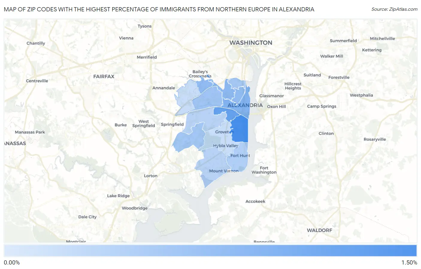 Zip Codes with the Highest Percentage of Immigrants from Northern Europe in Alexandria Map