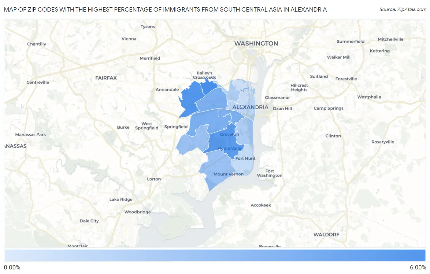 Zip Codes with the Highest Percentage of Immigrants from South Central Asia in Alexandria Map