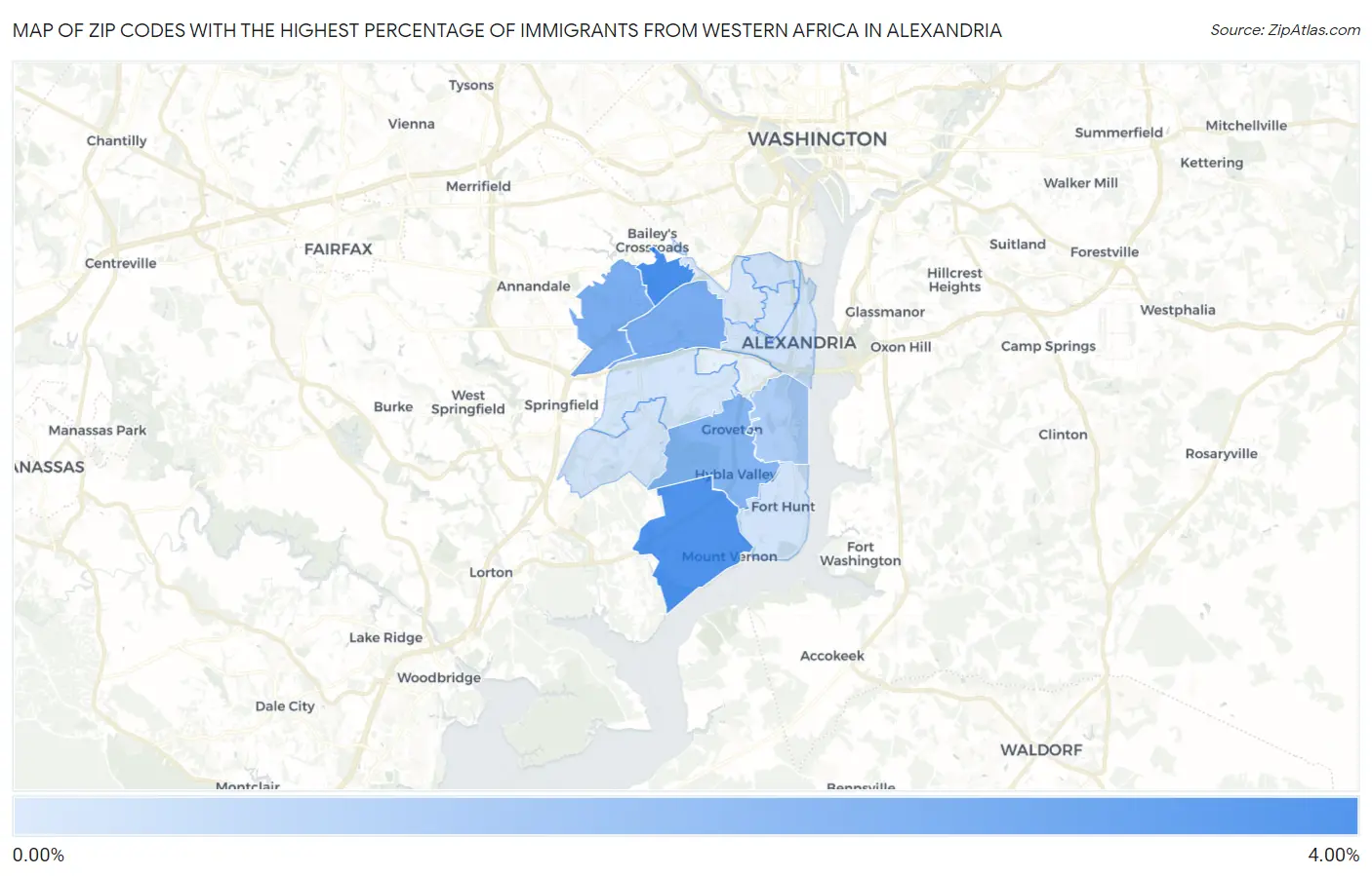 Zip Codes with the Highest Percentage of Immigrants from Western Africa in Alexandria Map