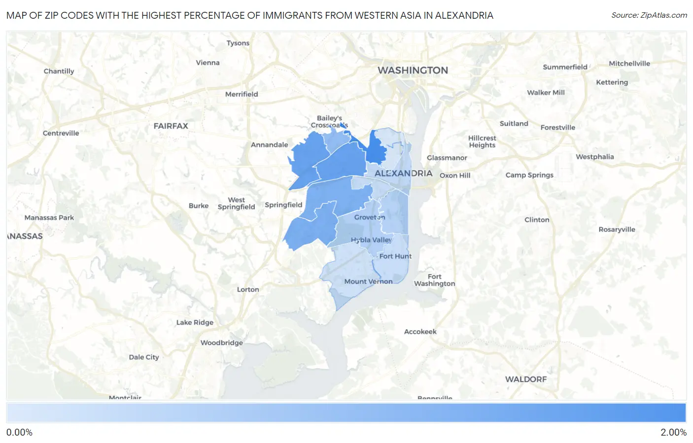 Zip Codes with the Highest Percentage of Immigrants from Western Asia in Alexandria Map