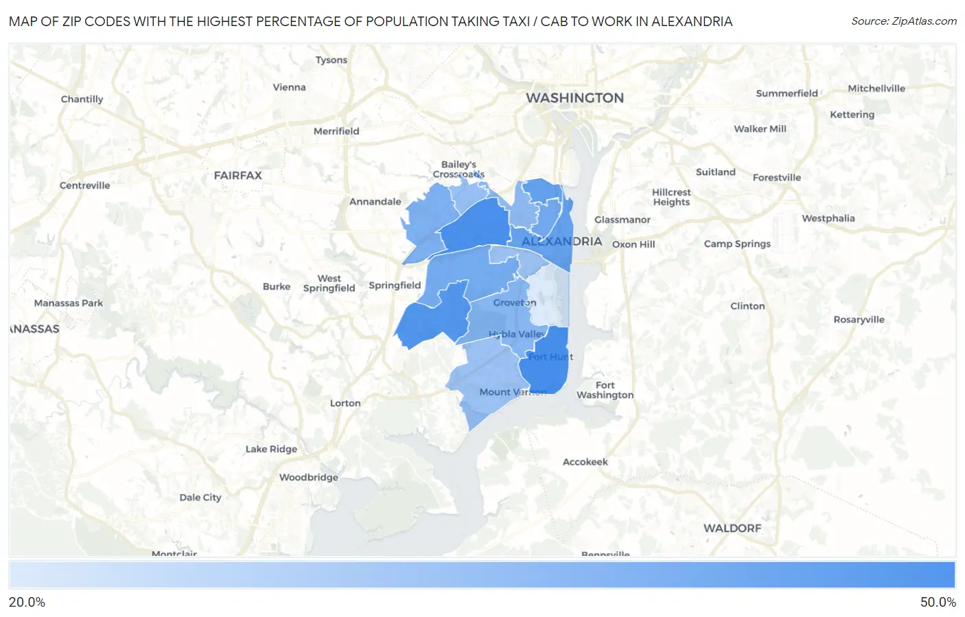 Zip Codes with the Highest Percentage of Population Taking Taxi / Cab to Work in Alexandria Map