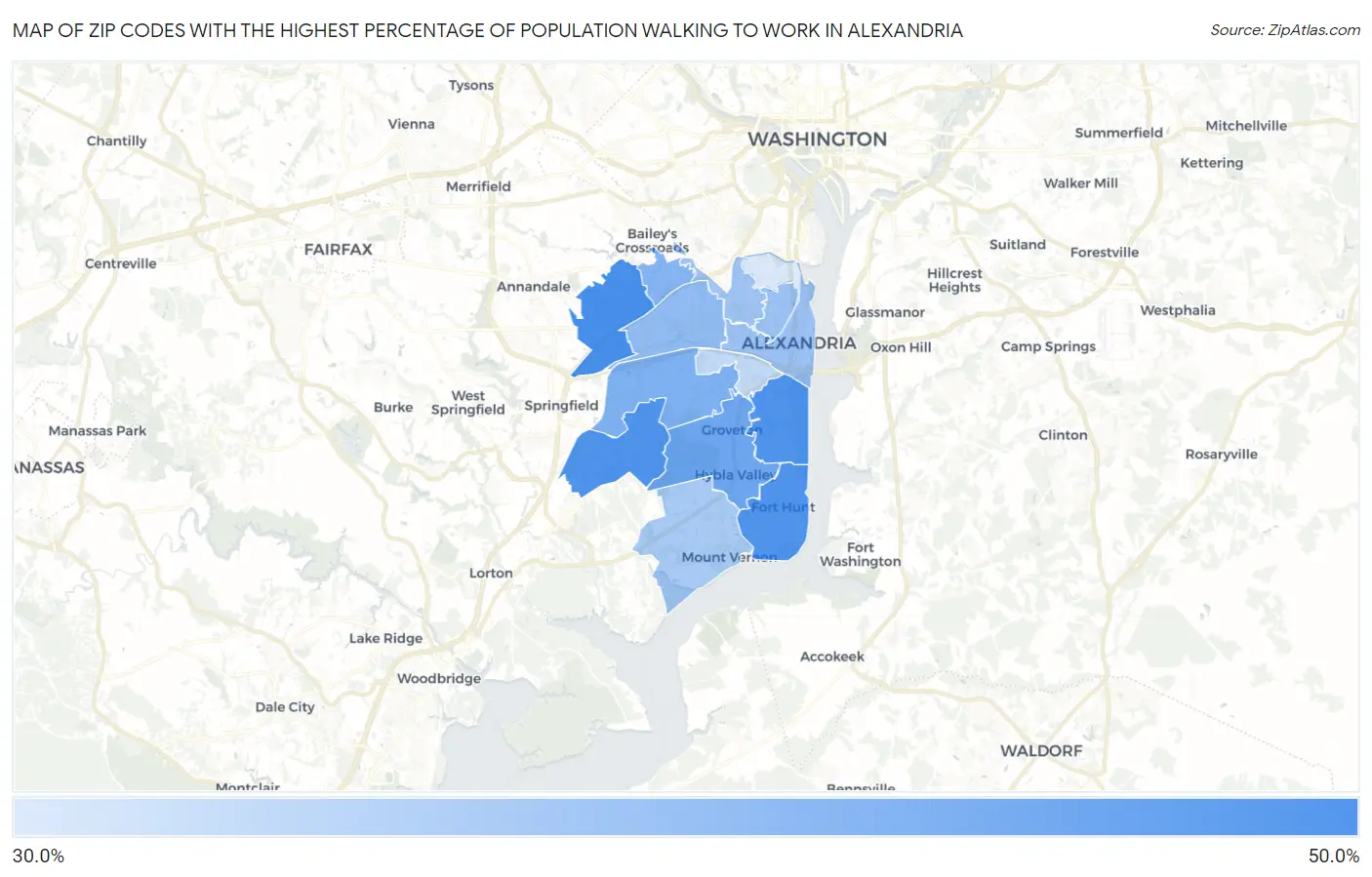 Zip Codes with the Highest Percentage of Population Walking to Work in Alexandria Map