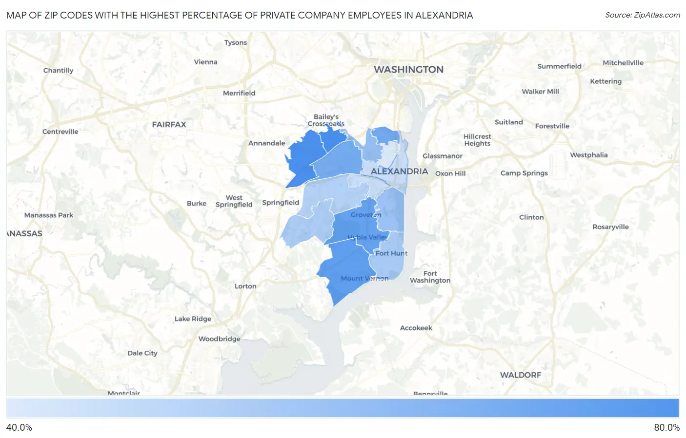 Zip Codes with the Highest Percentage of Private Company Employees in Alexandria Map