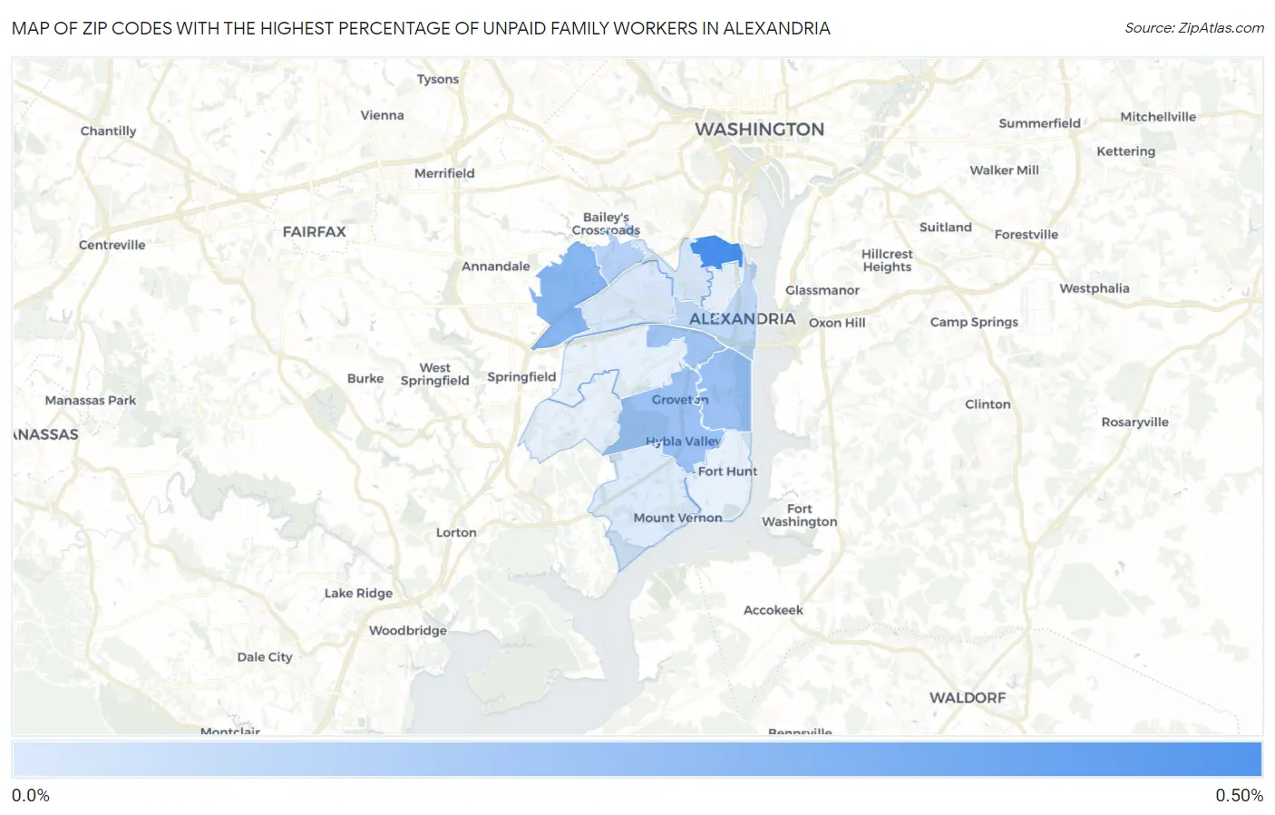 Zip Codes with the Highest Percentage of Unpaid Family Workers in Alexandria Map