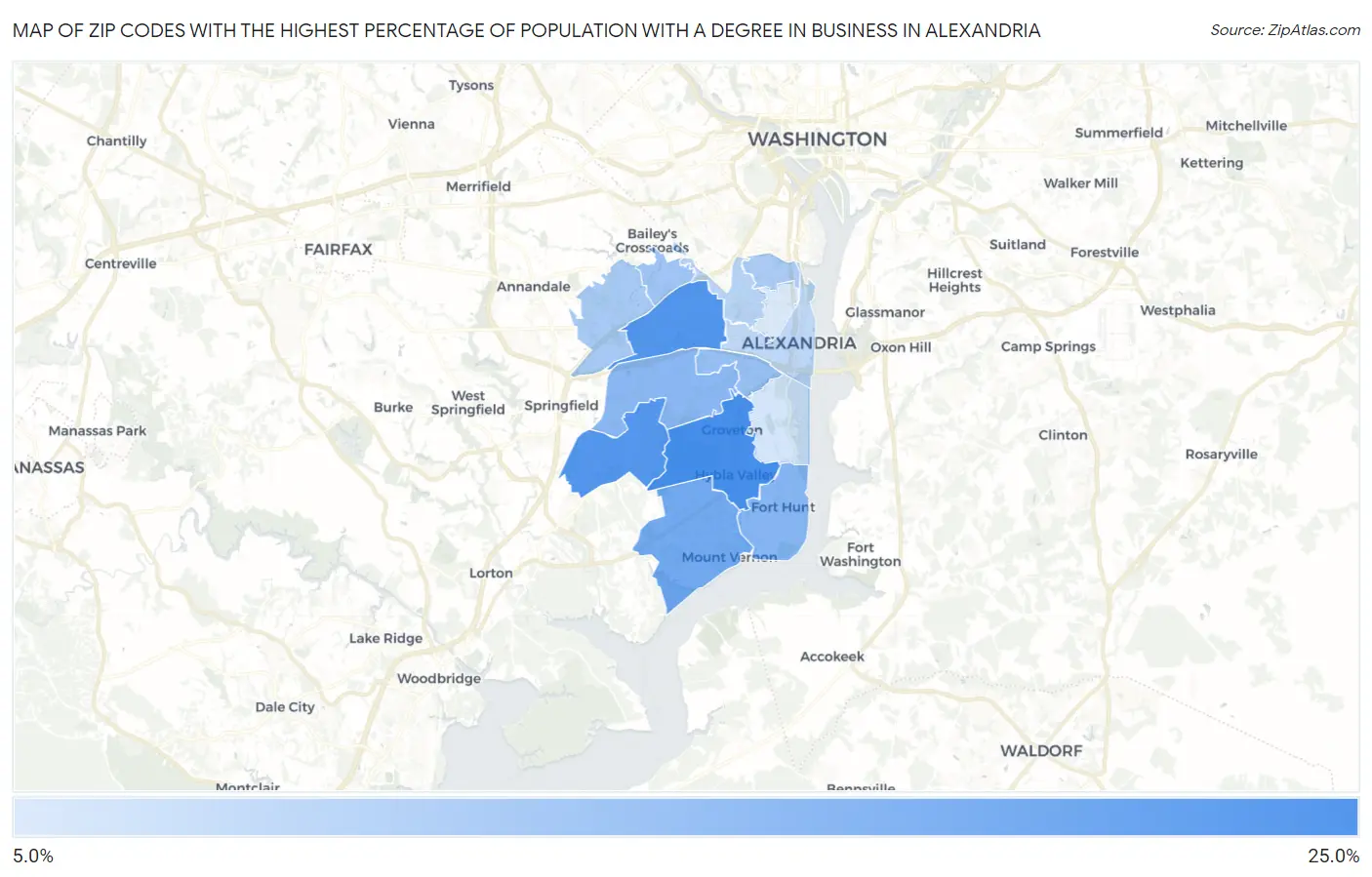 Zip Codes with the Highest Percentage of Population with a Degree in Business in Alexandria Map