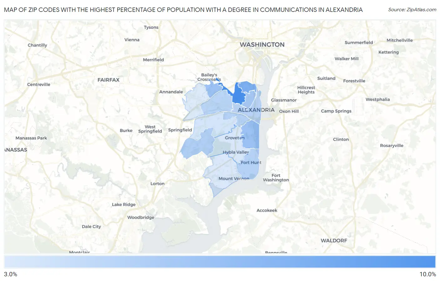 Zip Codes with the Highest Percentage of Population with a Degree in Communications in Alexandria Map