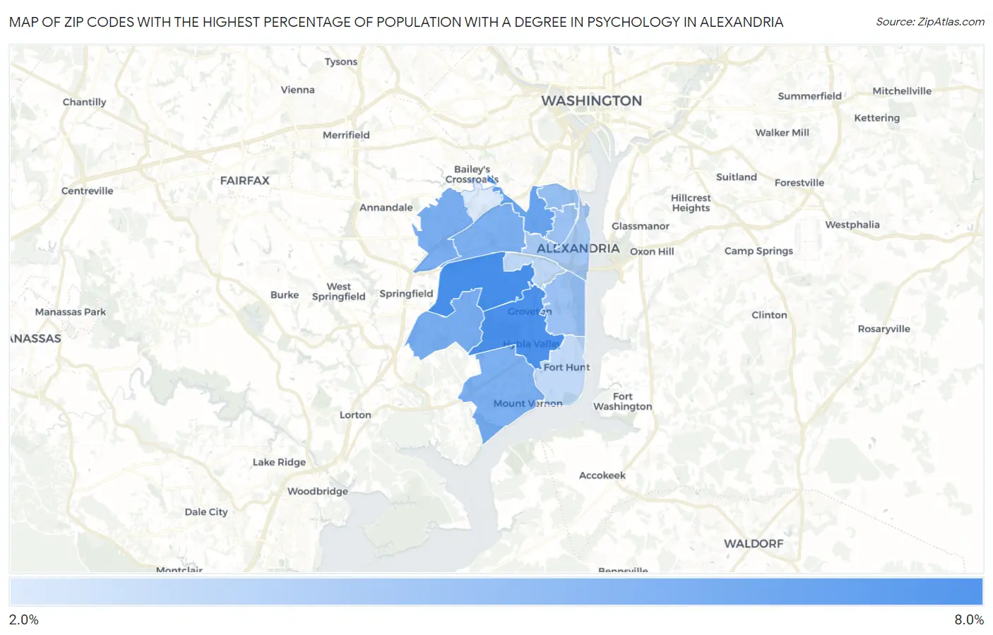Zip Codes with the Highest Percentage of Population with a Degree in Psychology in Alexandria Map