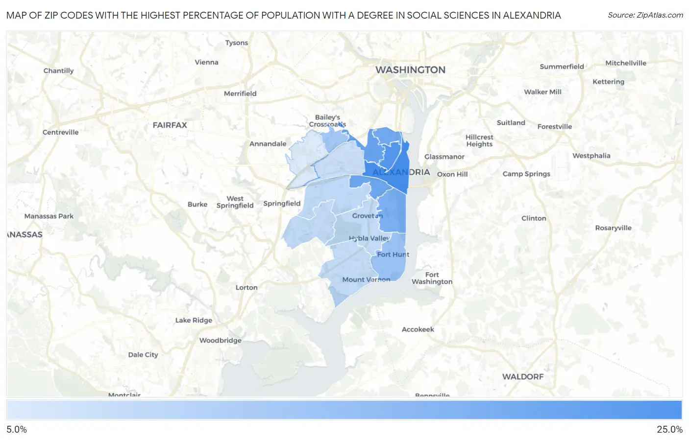 Zip Codes with the Highest Percentage of Population with a Degree in Social Sciences in Alexandria Map