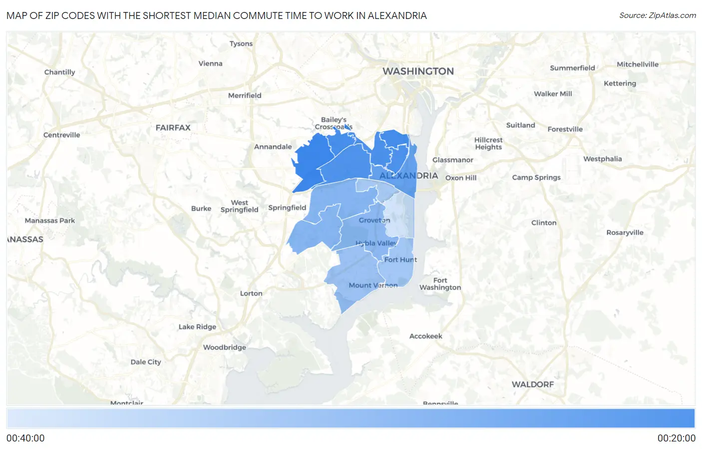 Zip Codes with the Shortest Median Commute Time to Work in Alexandria Map
