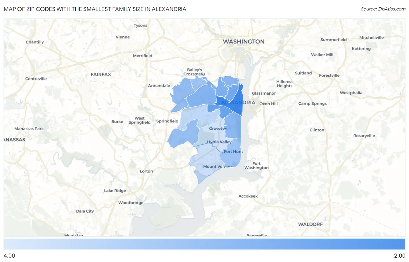 Zip Codes with the Smallest Family Size in Alexandria Map