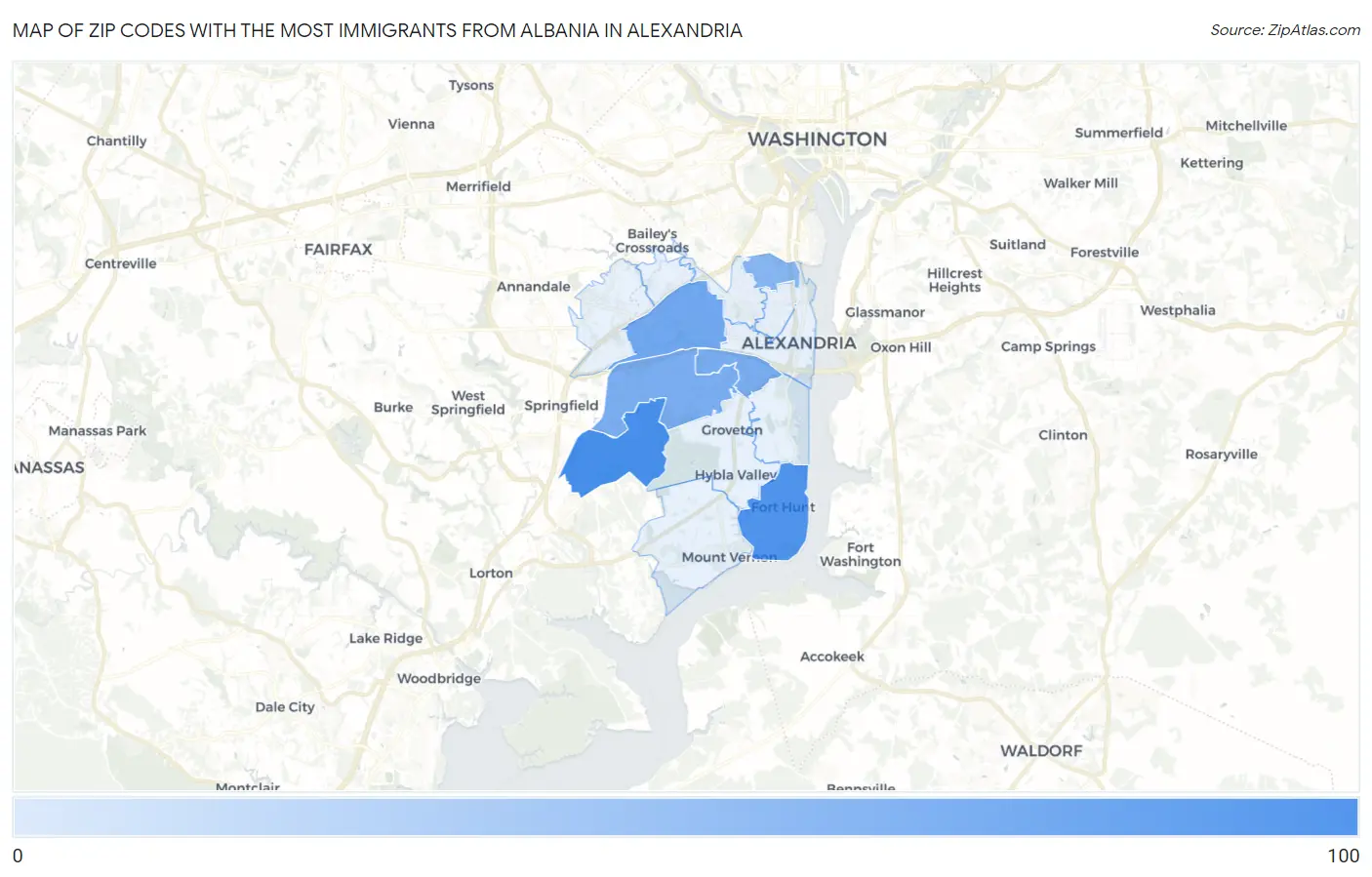 Zip Codes with the Most Immigrants from Albania in Alexandria Map