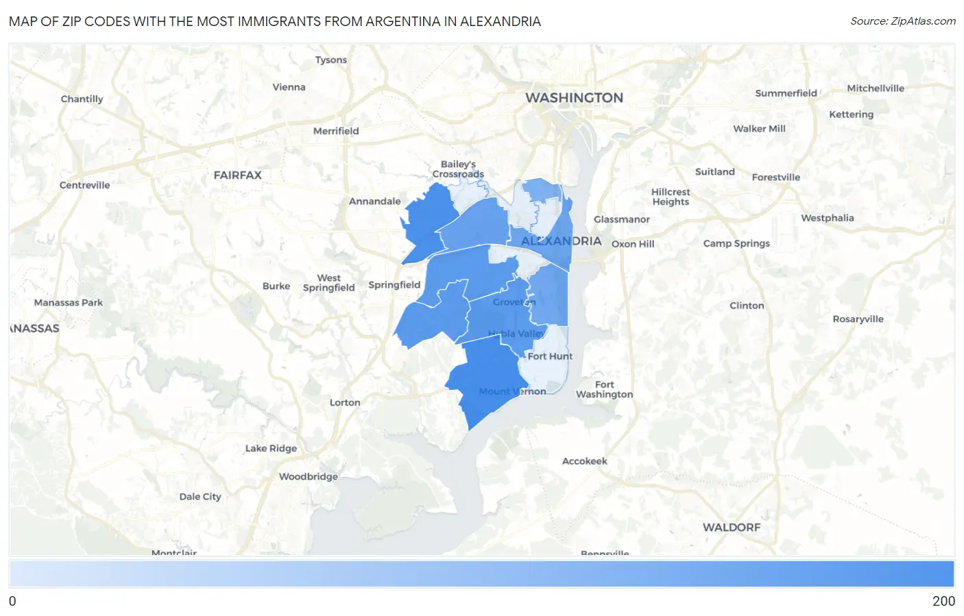 Zip Codes with the Most Immigrants from Argentina in Alexandria Map