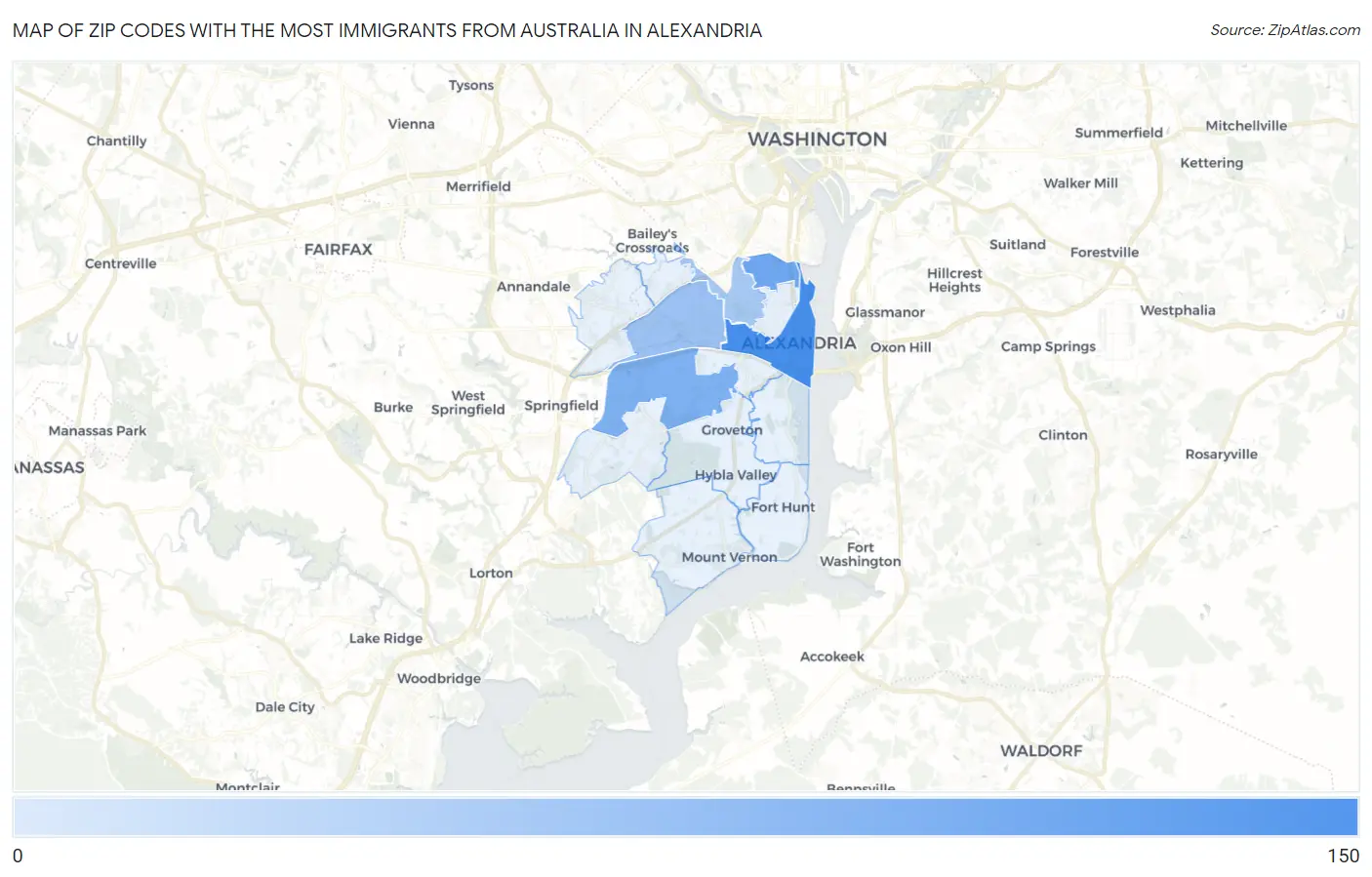 Zip Codes with the Most Immigrants from Australia in Alexandria Map