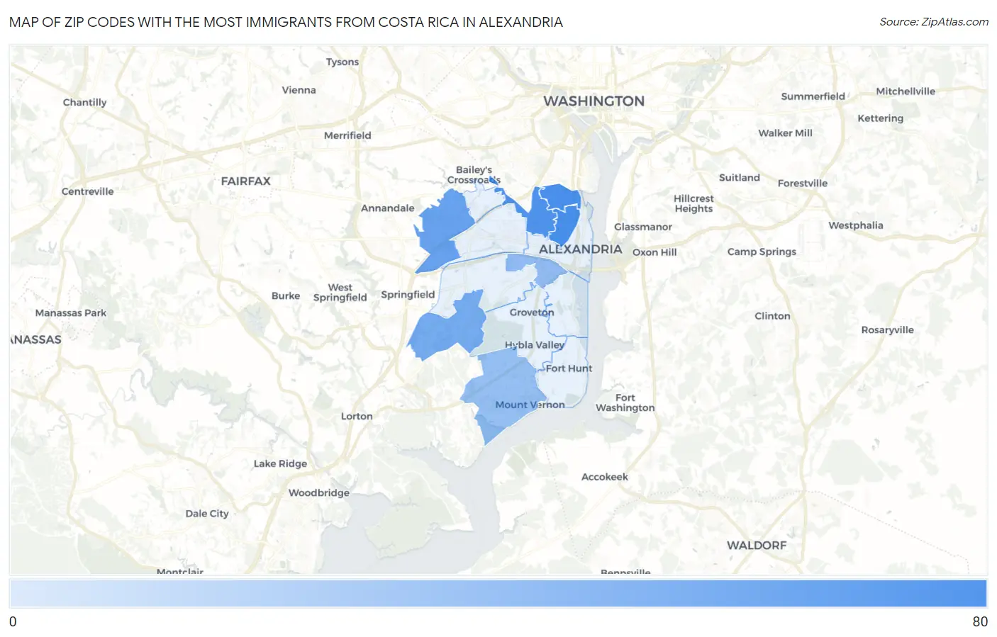 Zip Codes with the Most Immigrants from Costa Rica in Alexandria Map