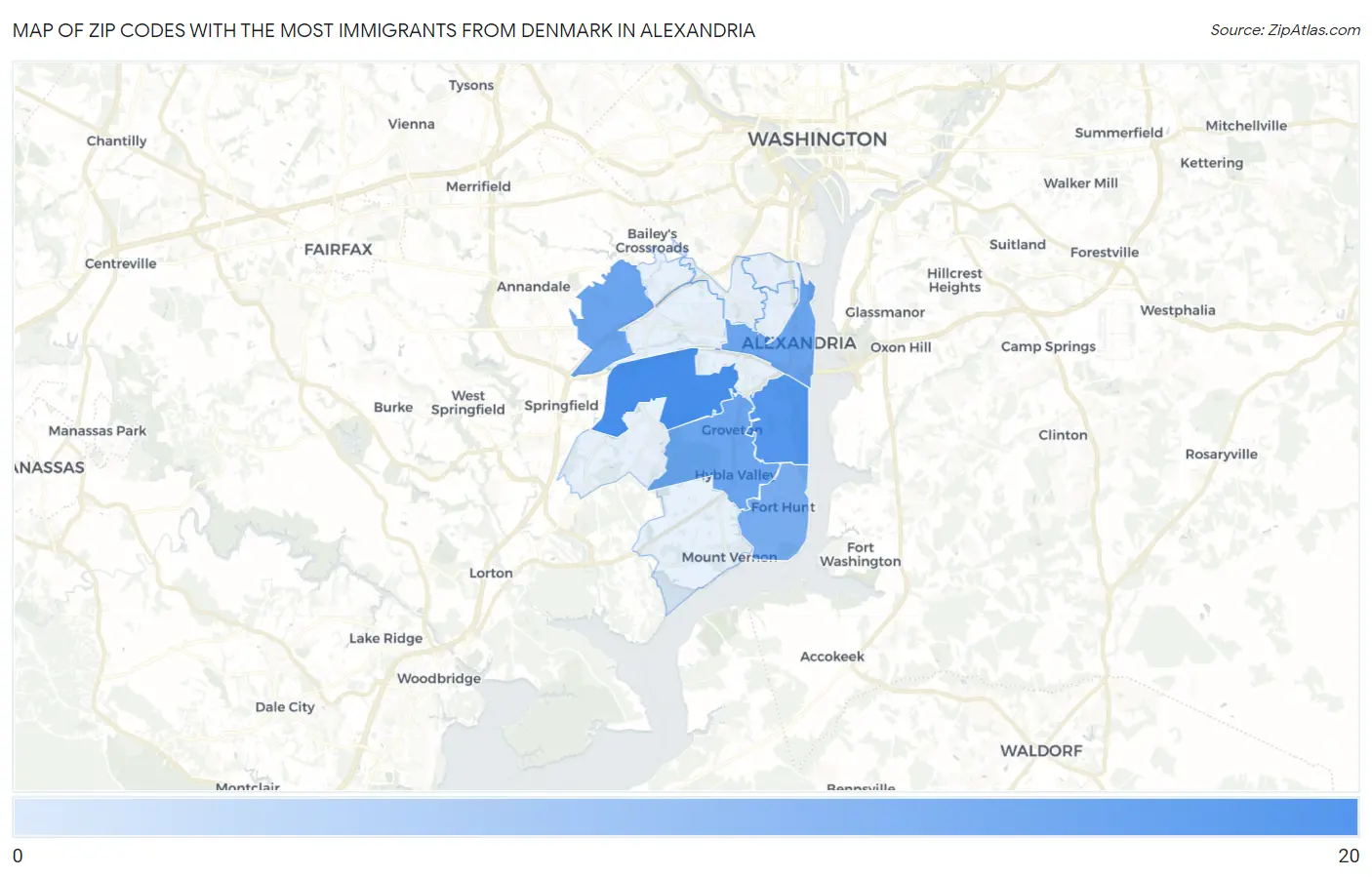 Zip Codes with the Most Immigrants from Denmark in Alexandria Map