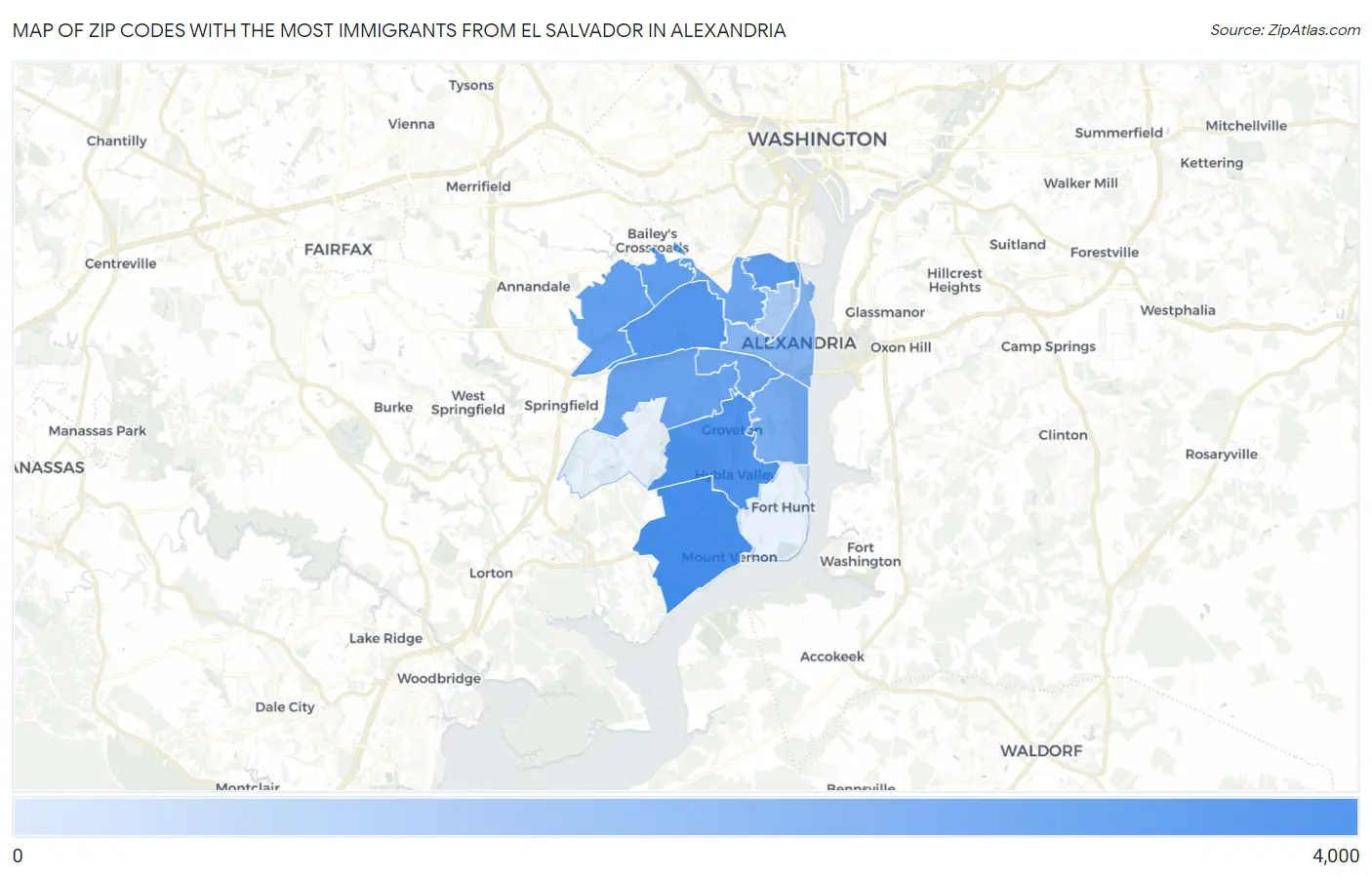 Zip Codes with the Most Immigrants from El Salvador in Alexandria Map