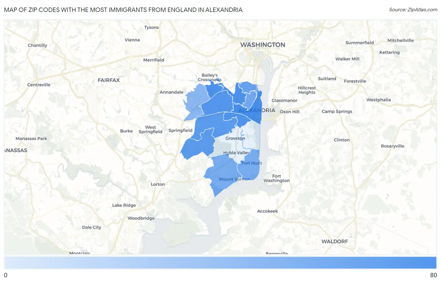 Zip Codes with the Most Immigrants from England in Alexandria Map
