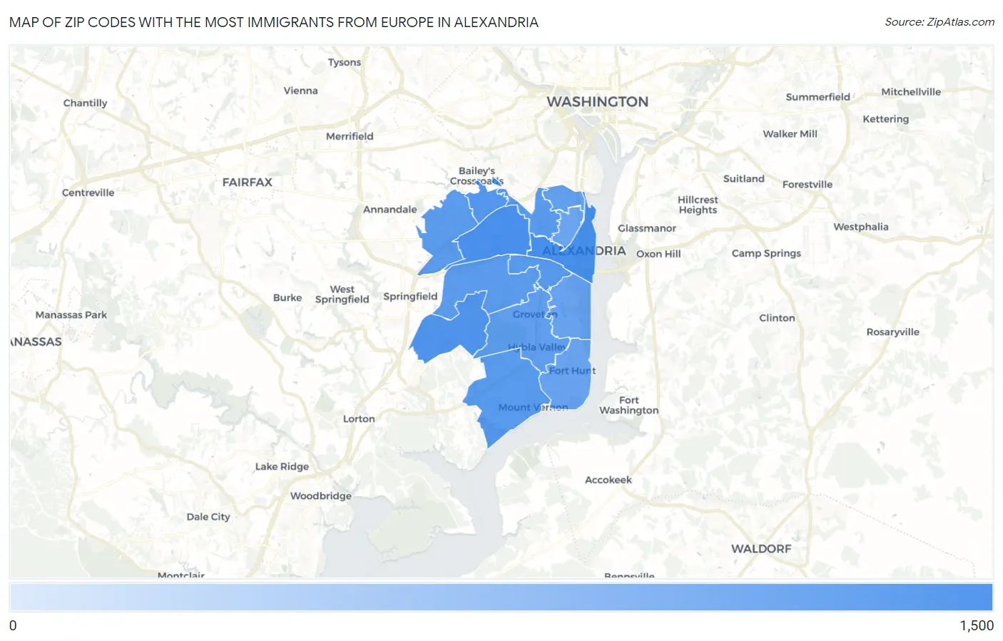 Zip Codes with the Most Immigrants from Europe in Alexandria Map