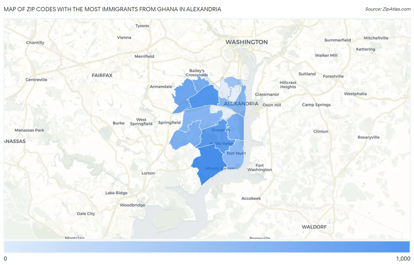 Zip Codes with the Most Immigrants from Ghana in Alexandria Map