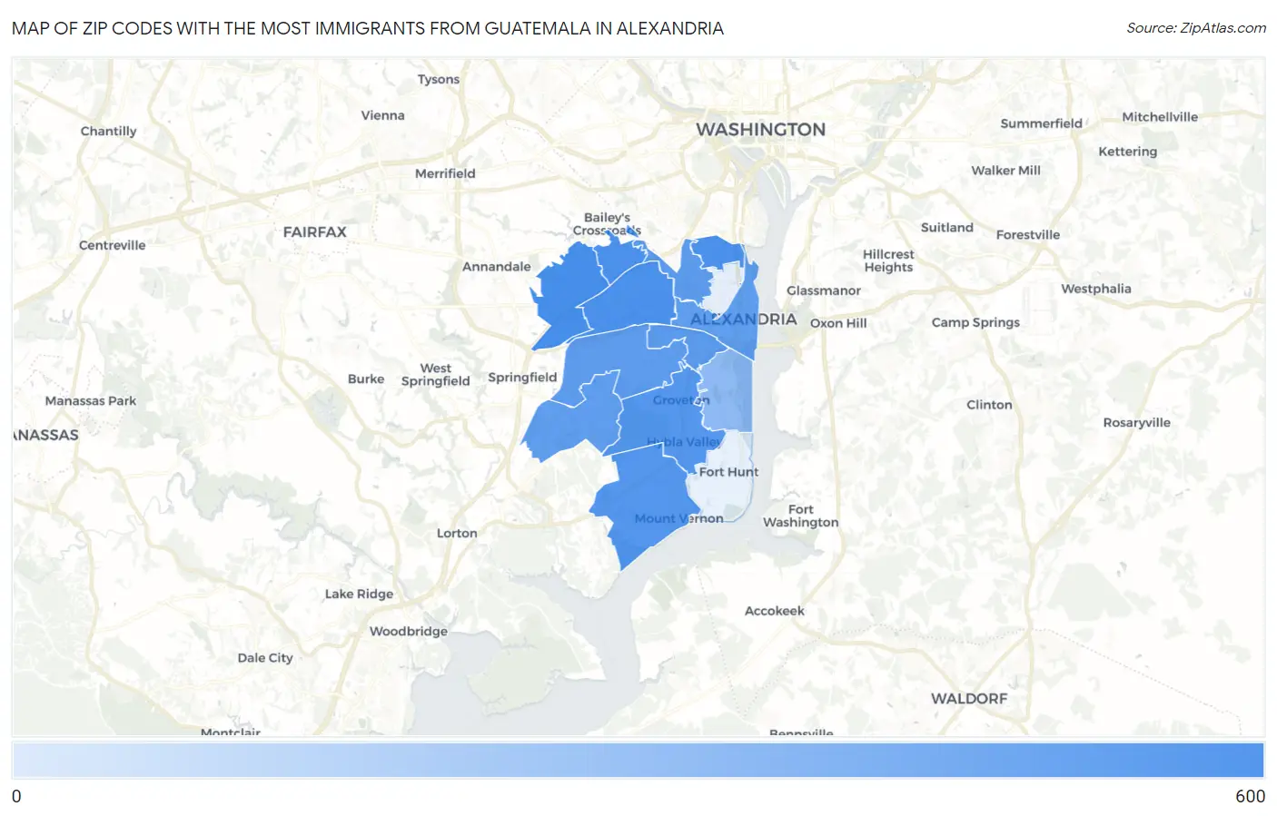 Zip Codes with the Most Immigrants from Guatemala in Alexandria Map
