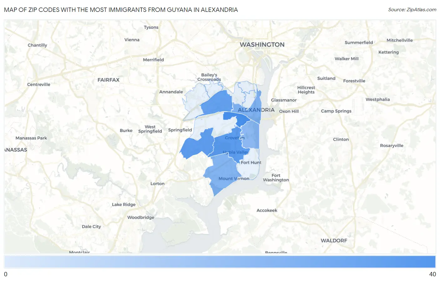 Zip Codes with the Most Immigrants from Guyana in Alexandria Map