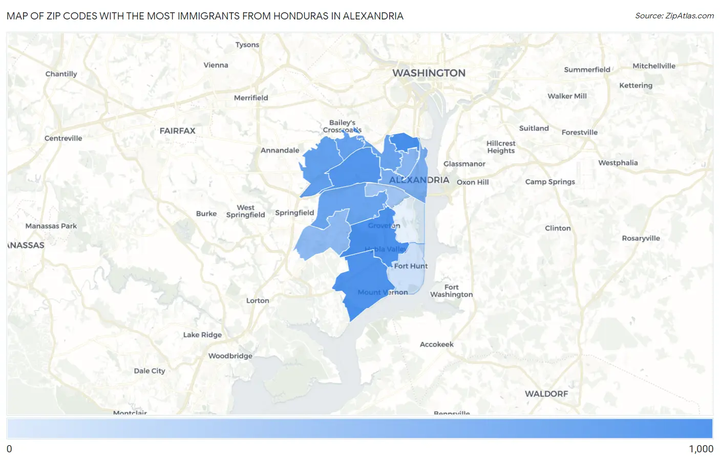 Zip Codes with the Most Immigrants from Honduras in Alexandria Map