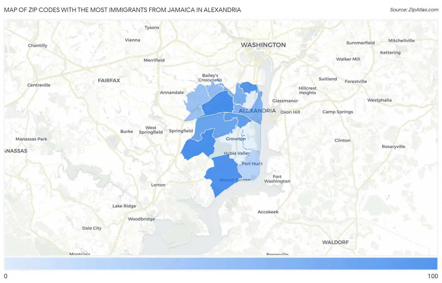 Zip Codes with the Most Immigrants from Jamaica in Alexandria Map