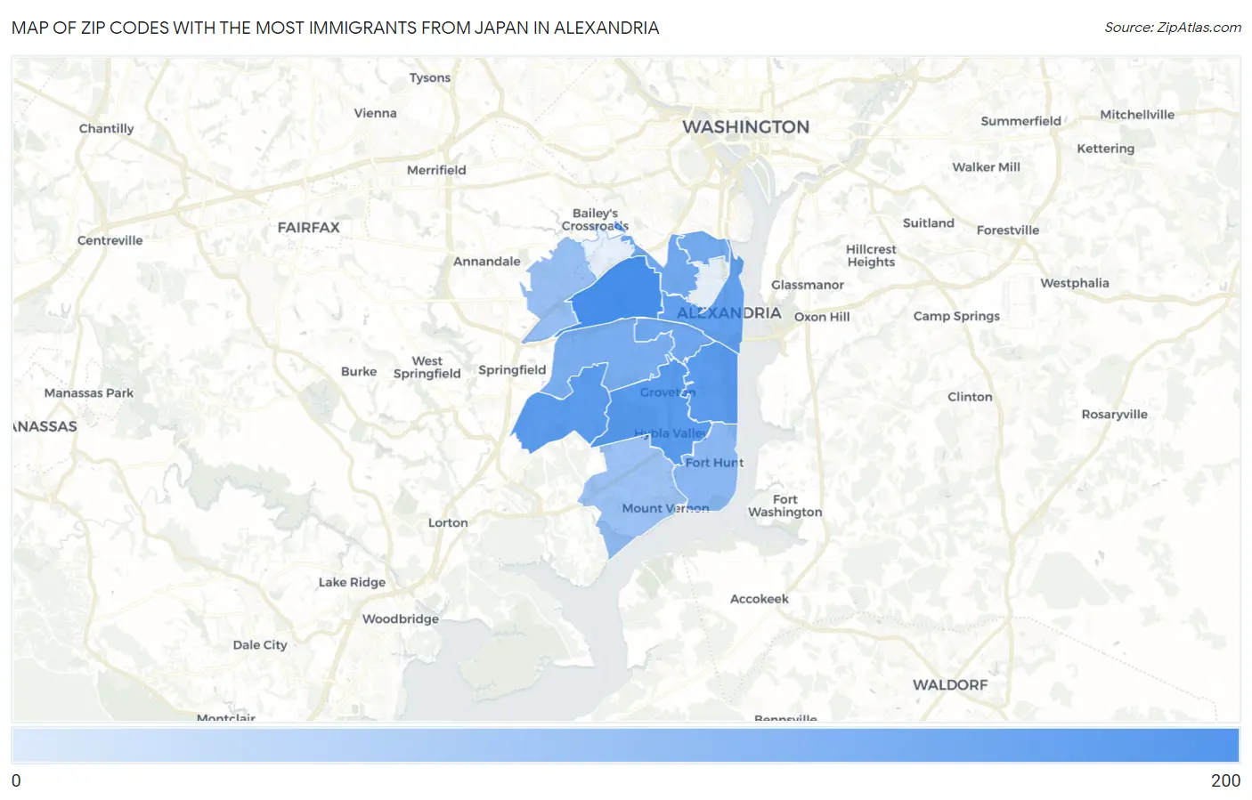 Zip Codes with the Most Immigrants from Japan in Alexandria Map