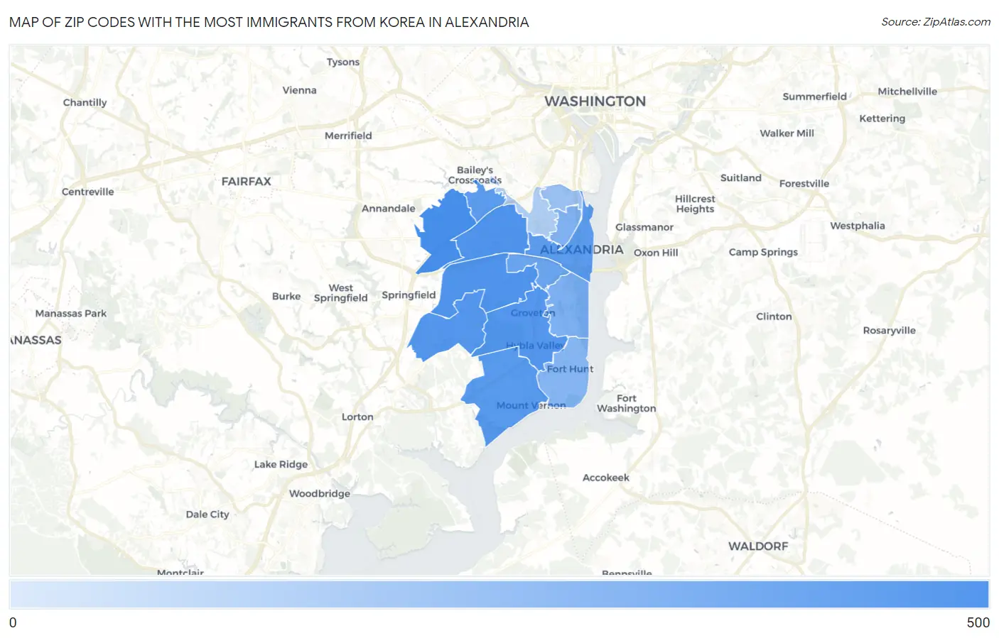 Zip Codes with the Most Immigrants from Korea in Alexandria Map