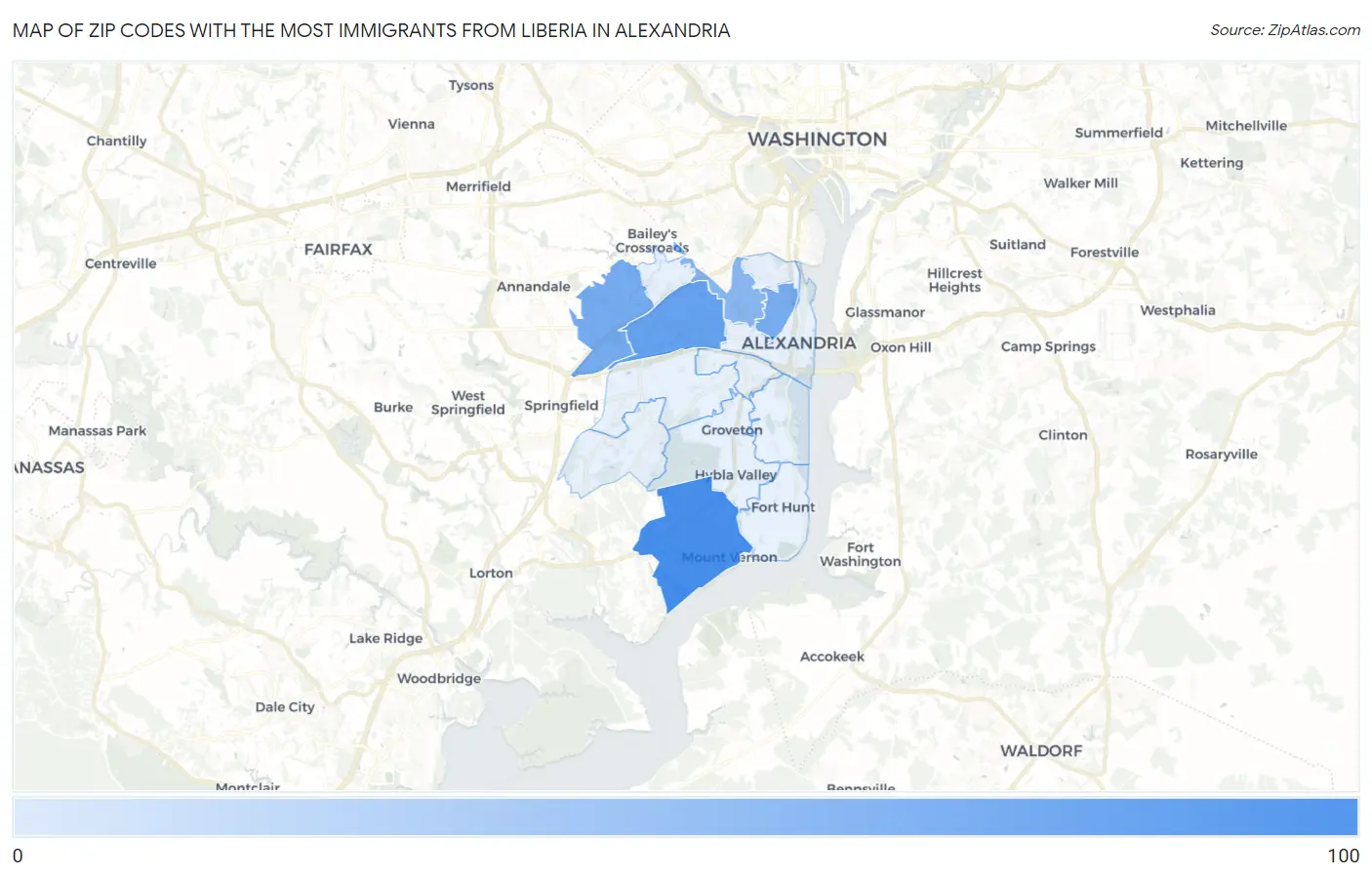Zip Codes with the Most Immigrants from Liberia in Alexandria Map