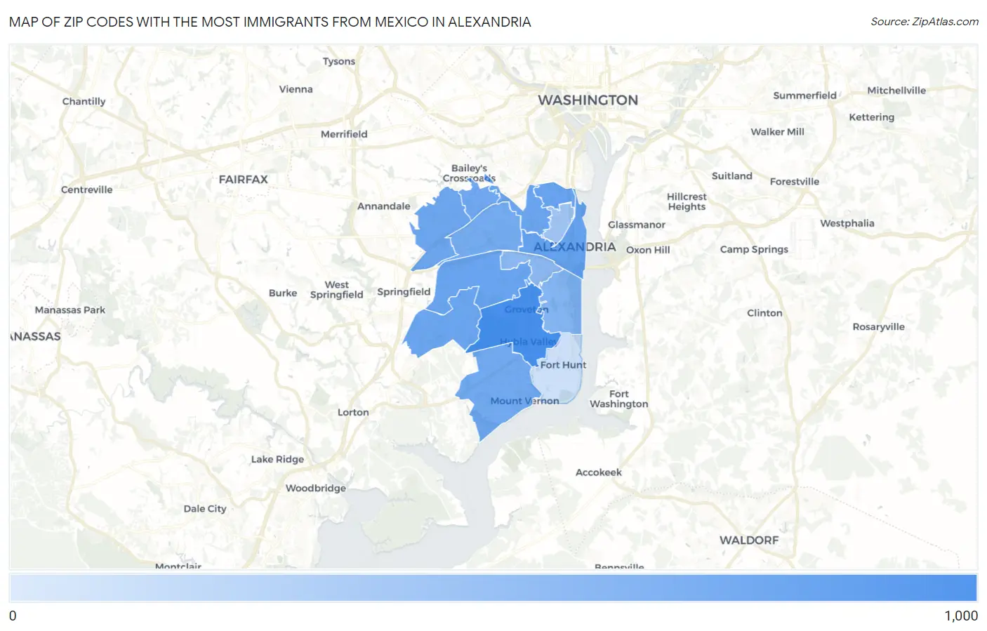 Zip Codes with the Most Immigrants from Mexico in Alexandria Map