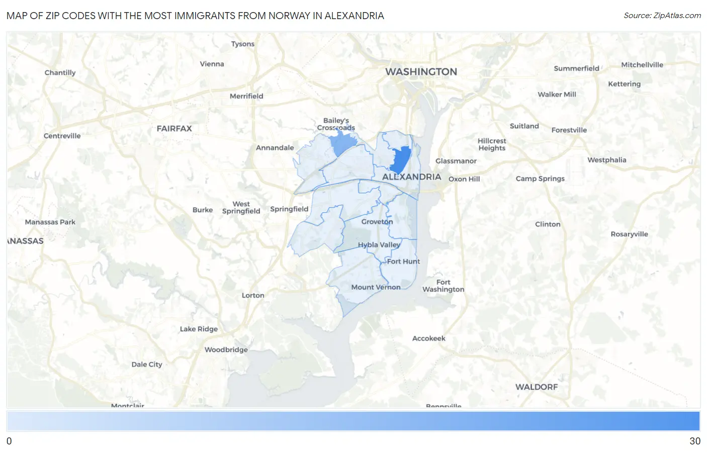Zip Codes with the Most Immigrants from Norway in Alexandria Map