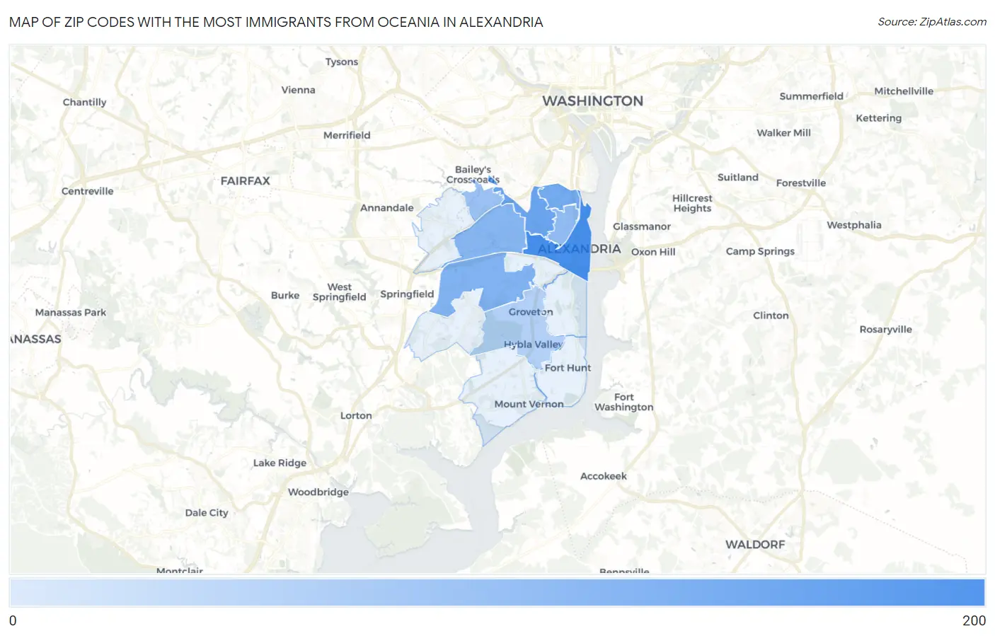 Zip Codes with the Most Immigrants from Oceania in Alexandria Map