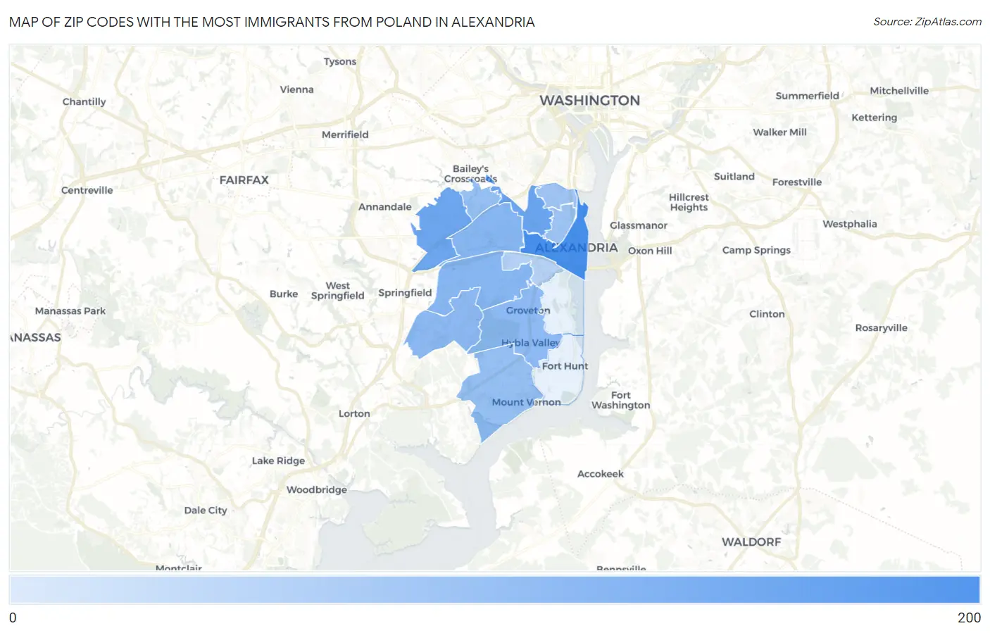 Zip Codes with the Most Immigrants from Poland in Alexandria Map