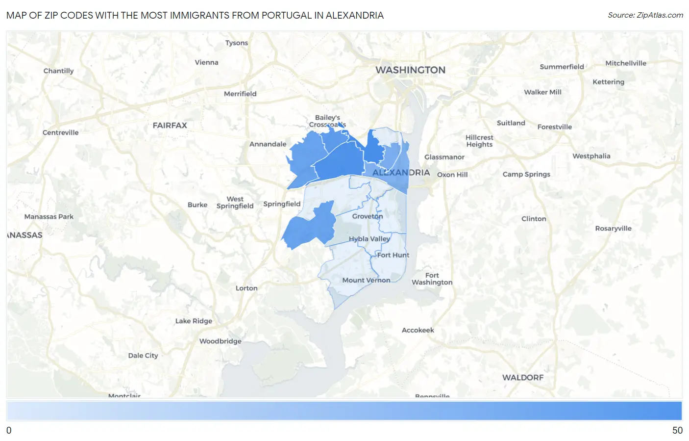 Zip Codes with the Most Immigrants from Portugal in Alexandria Map