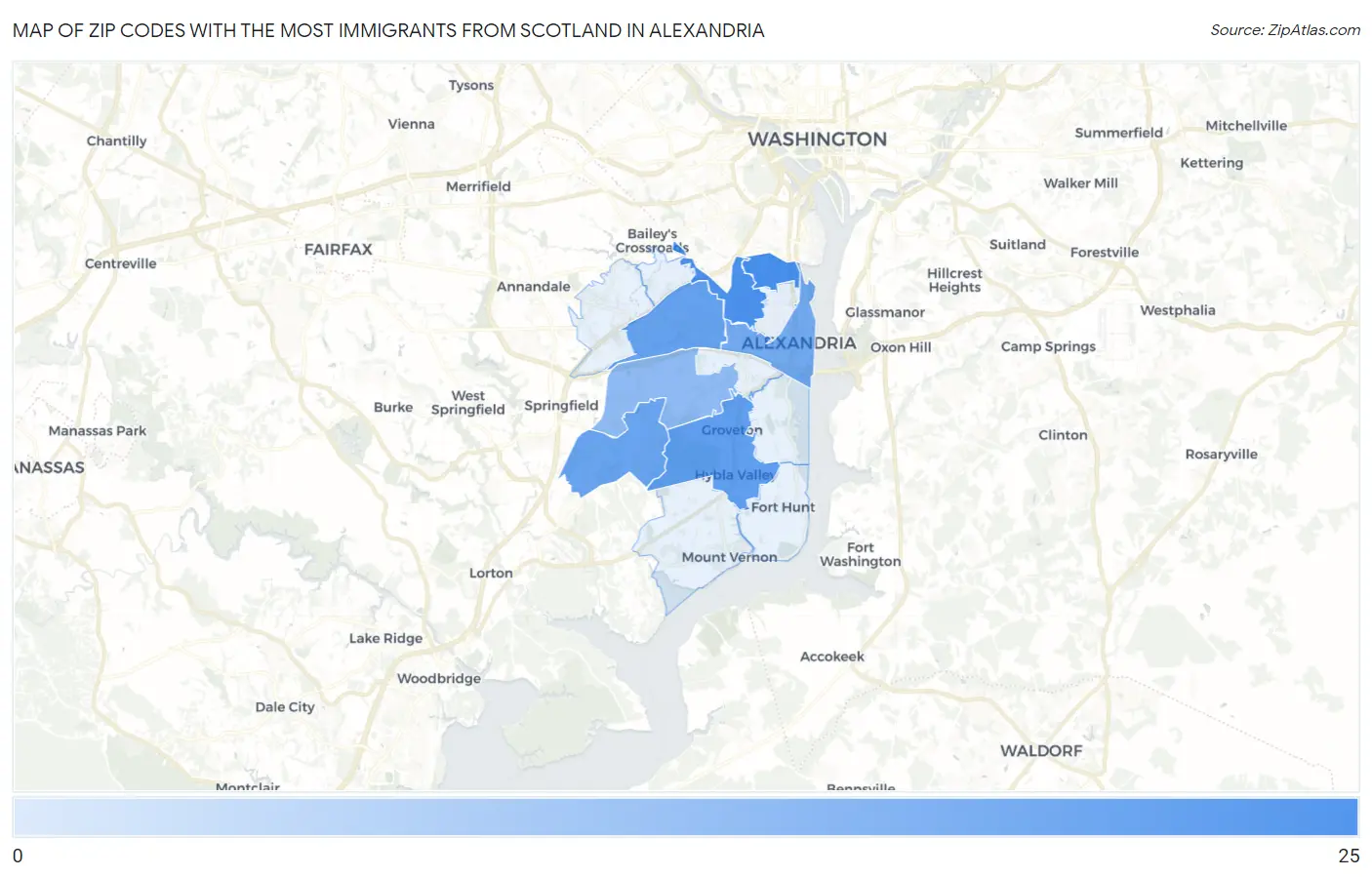 Zip Codes with the Most Immigrants from Scotland in Alexandria Map