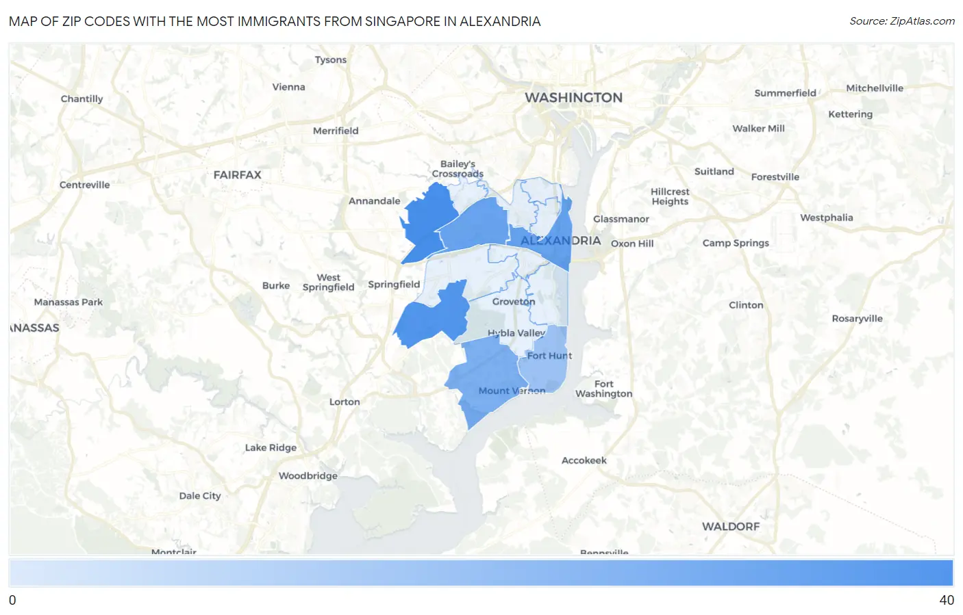 Zip Codes with the Most Immigrants from Singapore in Alexandria Map