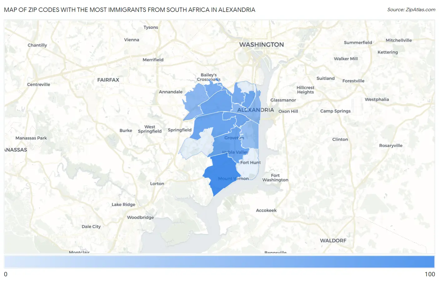Zip Codes with the Most Immigrants from South Africa in Alexandria Map