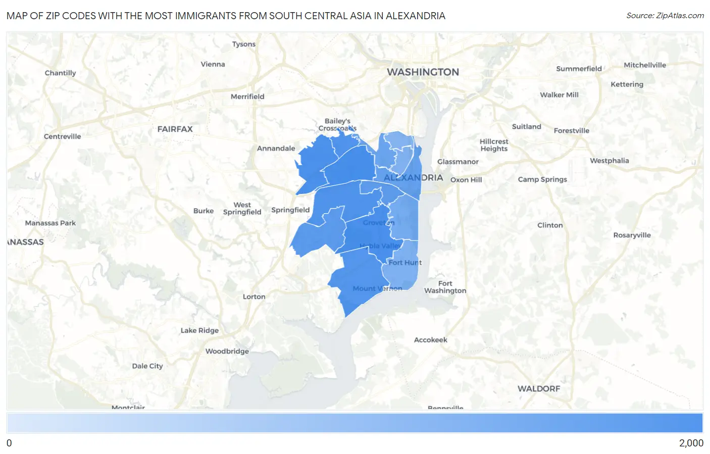 Zip Codes with the Most Immigrants from South Central Asia in Alexandria Map