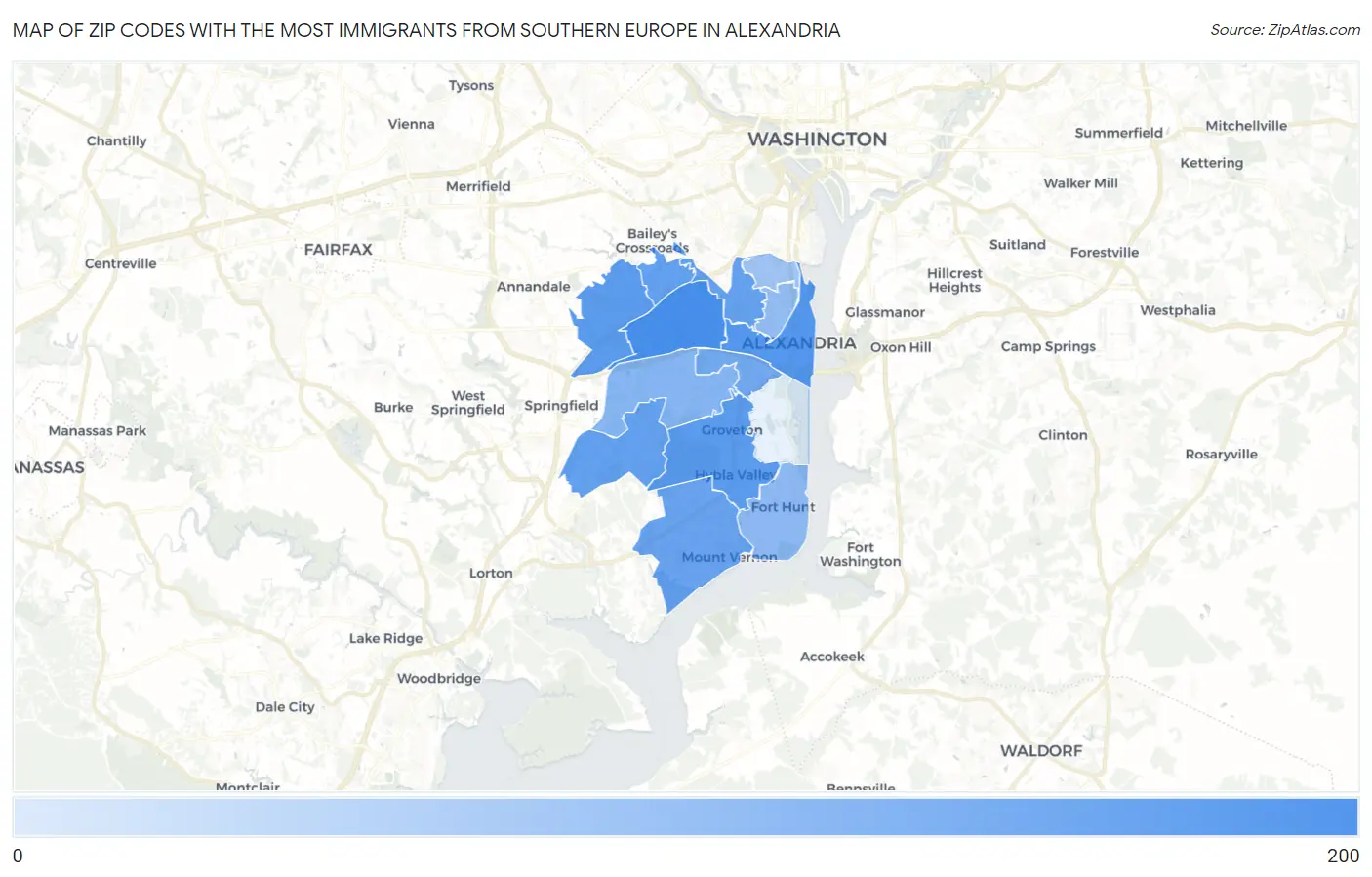 Zip Codes with the Most Immigrants from Southern Europe in Alexandria Map