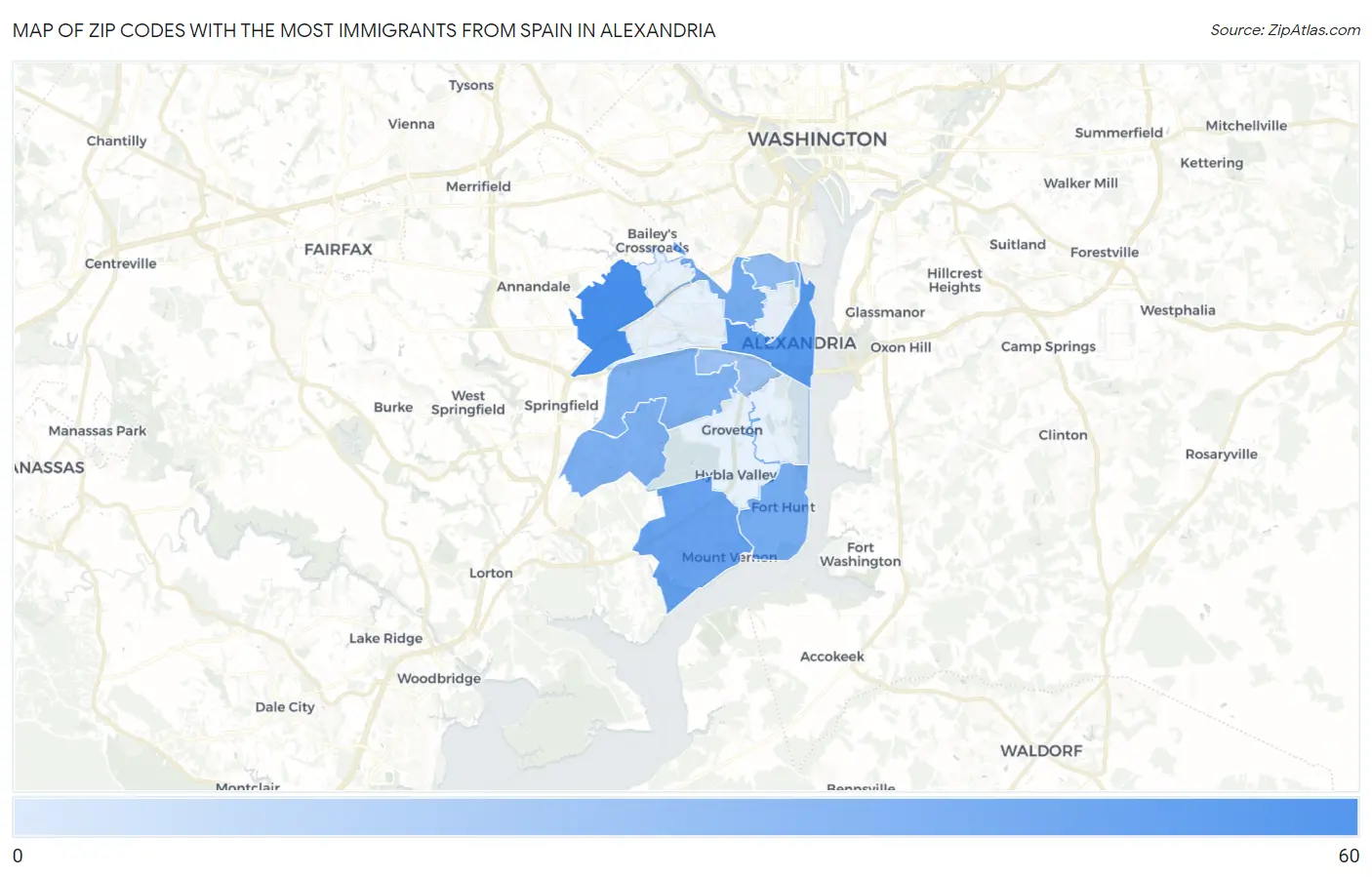 Zip Codes with the Most Immigrants from Spain in Alexandria Map