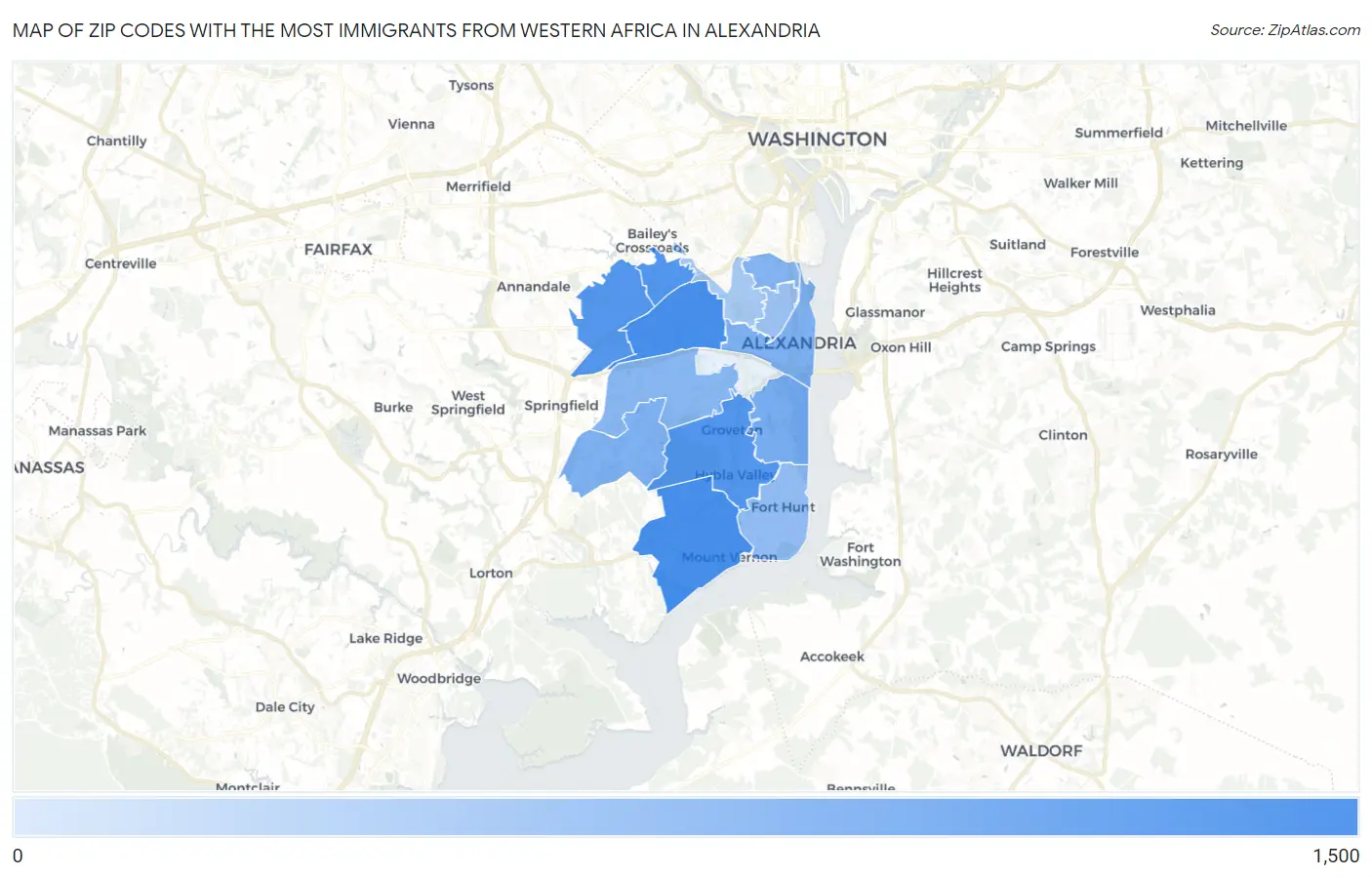 Zip Codes with the Most Immigrants from Western Africa in Alexandria Map