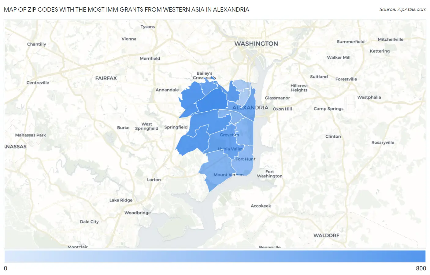 Zip Codes with the Most Immigrants from Western Asia in Alexandria Map