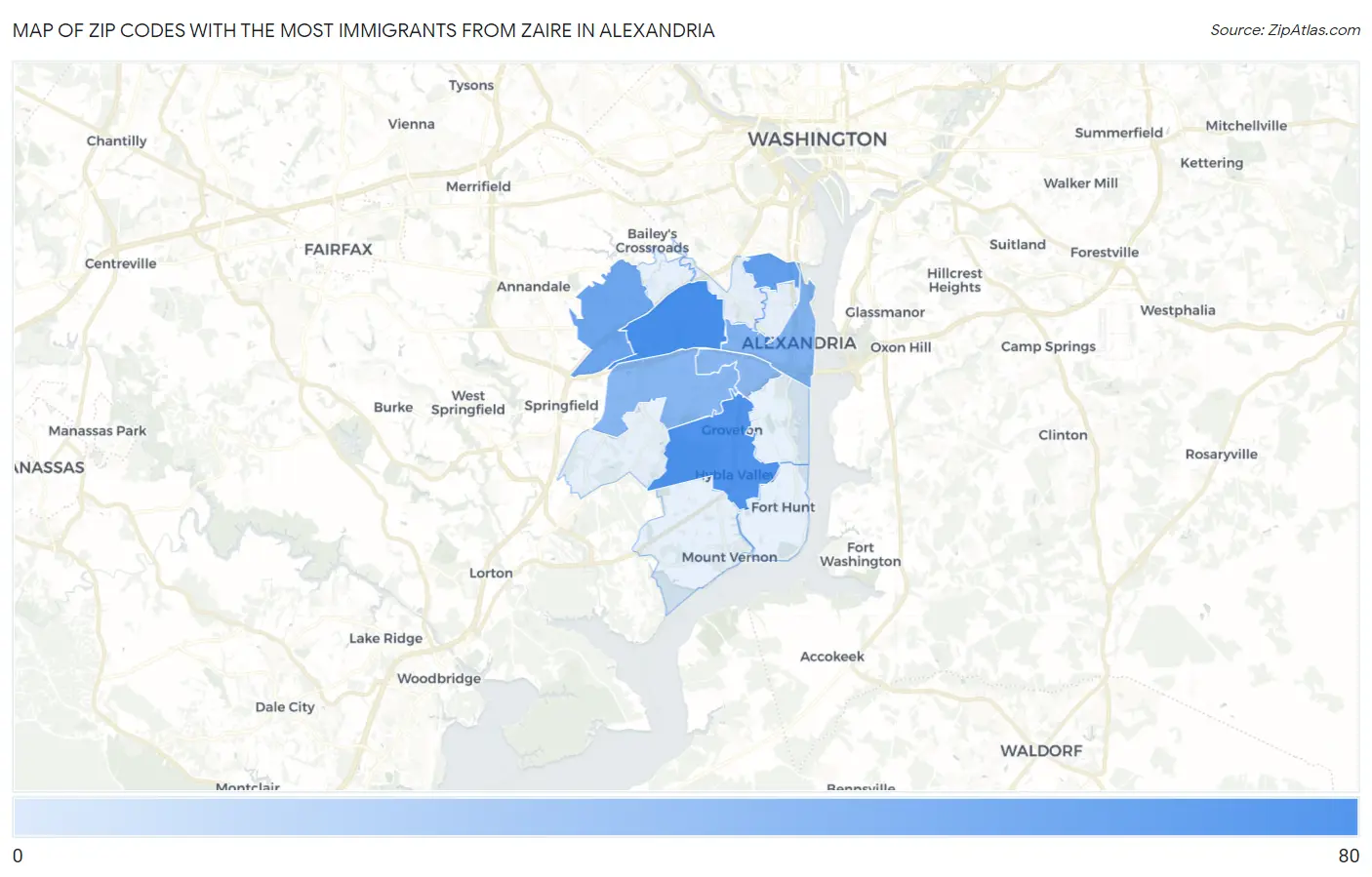 Zip Codes with the Most Immigrants from Zaire in Alexandria Map