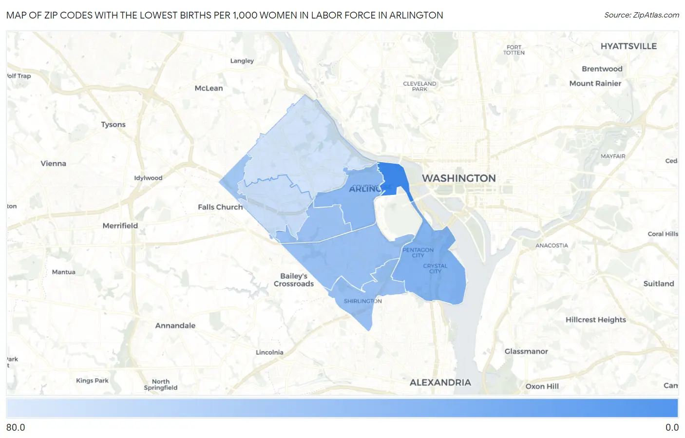Zip Codes with the Lowest Births per 1,000 Women in Labor Force in Arlington Map
